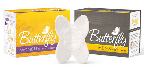 A butterfly body pad worn between the buttocks to absorb fluids from anal leakage.photo